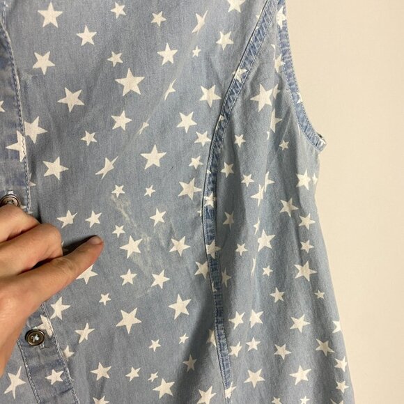 Catherines Star Print Button Up Tank Top Lace Back Womens 0X or 16W Blue - Picture 3 of 6